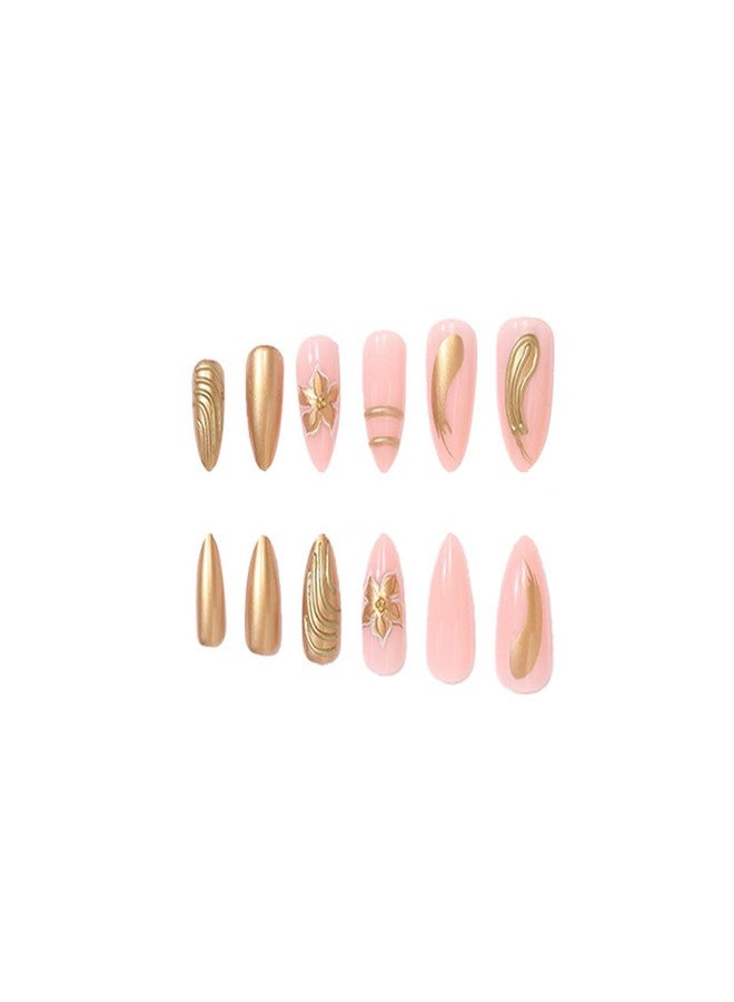 SINHOT Press on Nails - Medium Almond Fake Nails, Glossy Finish, Gold Chrome & Gold Flower, DIY Artificial False Nail Art - 24 Pcs Nail Kit with Glue - Image 5